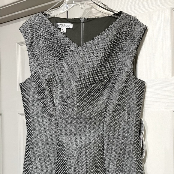NEW KAY UNGER METALLIC SILVER TAILORED SHEATH COCKTAIL DRESS - Picture 2 of 13